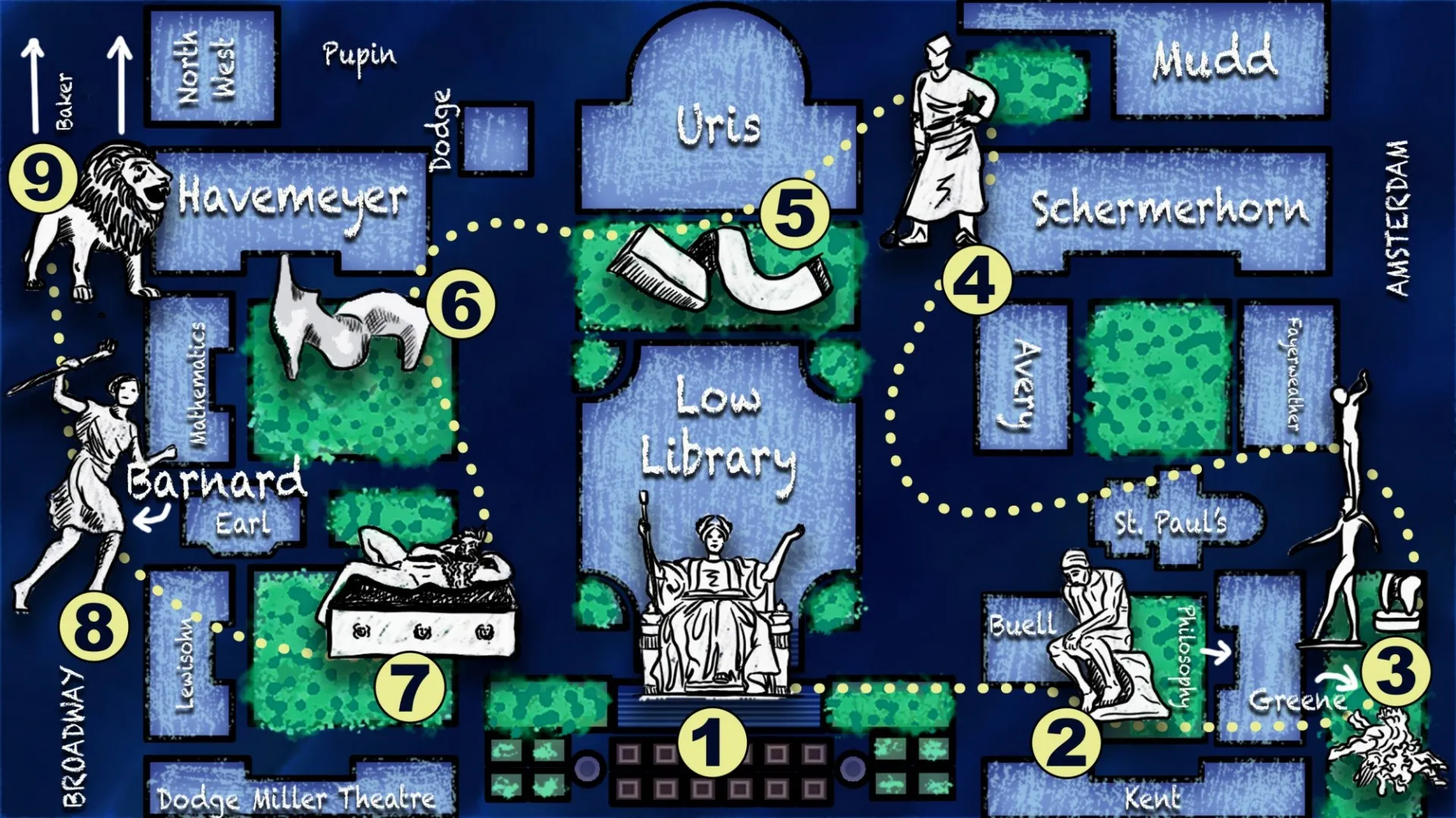 sculptures on campus map