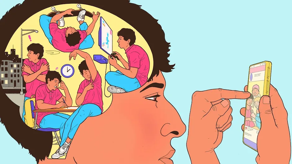 Illustration of a teenager's brain as they check social media on a smart phone.