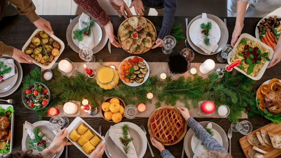 table laid out with lots of food