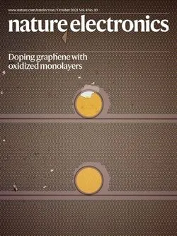 Nature Electronics cover featuring a chip with tungsten oxyselenide (TOS)-doped graphene.